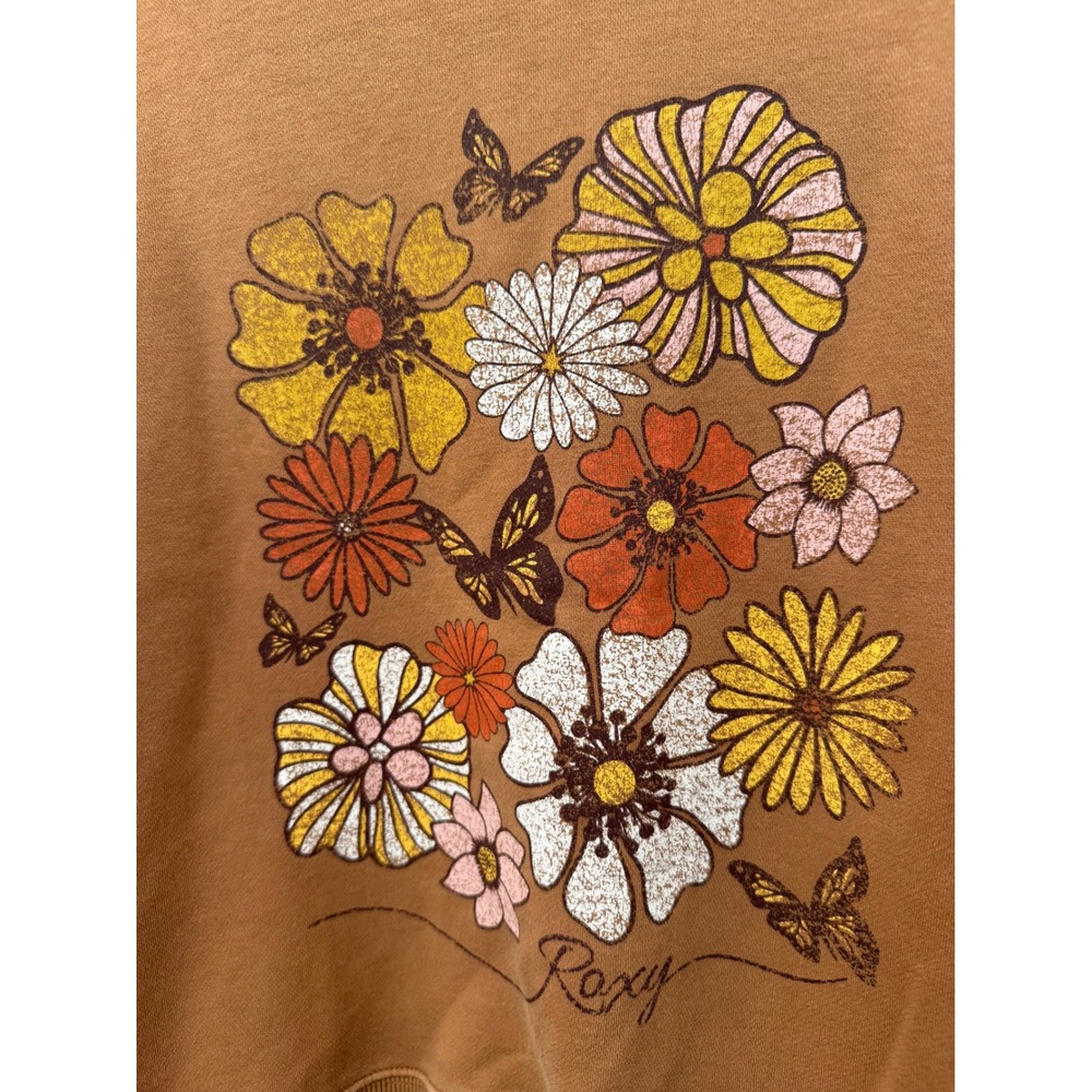 Roxy Womens Brown Floral Butterfly Graphic Crewneck Sweatshirt Small Retro Crop - Picture 4 of 7